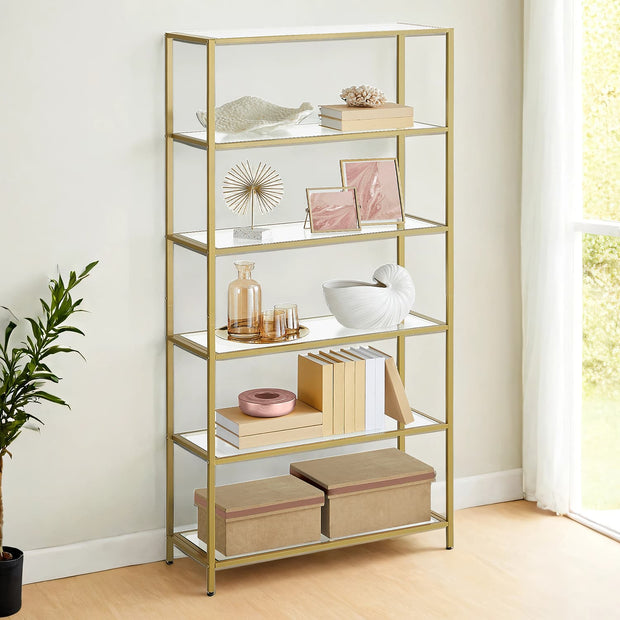 Tall Bookcase – Tempered Glass – Gold – 6-Tier Shelving Unit for Living Room and Study