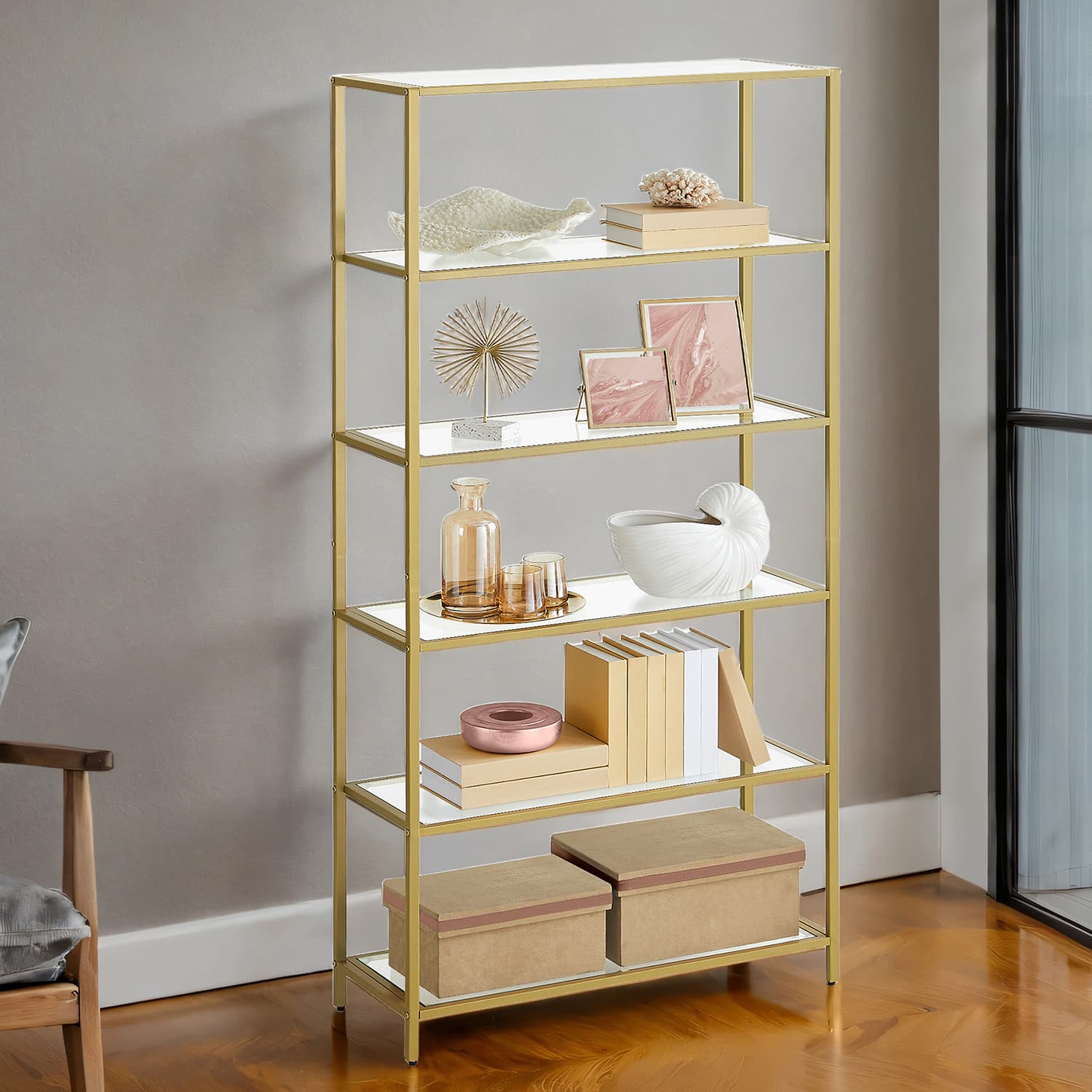 Tall Bookcase – Tempered Glass – Gold – 6-Tier Shelving Unit for Living Room and Study