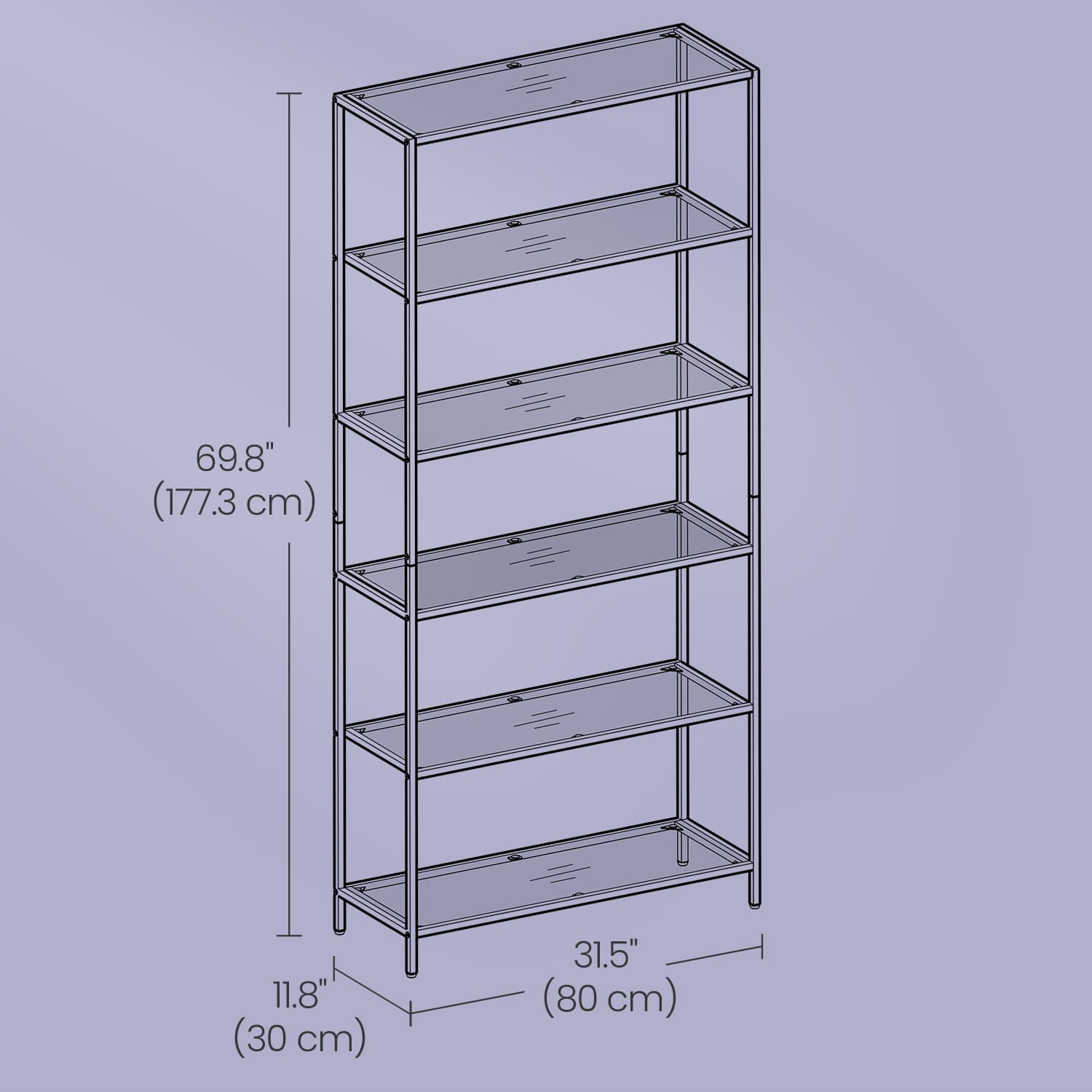 Tall Bookcase – Tempered Glass – Gold – 6-Tier Shelving Unit for Living Room and Study