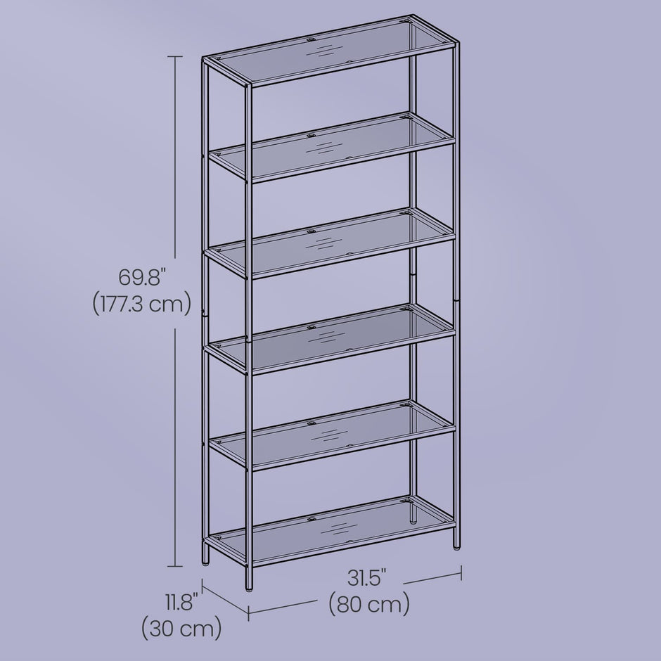 Tall Bookcase – Tempered Glass – Gold – 6-Tier Shelving Unit for Living Room and Study