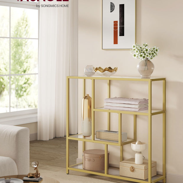 4-Tier Freestanding Bookcase – Metal and Wood – Transparent and Pale Gold – Versatile Storage Solution