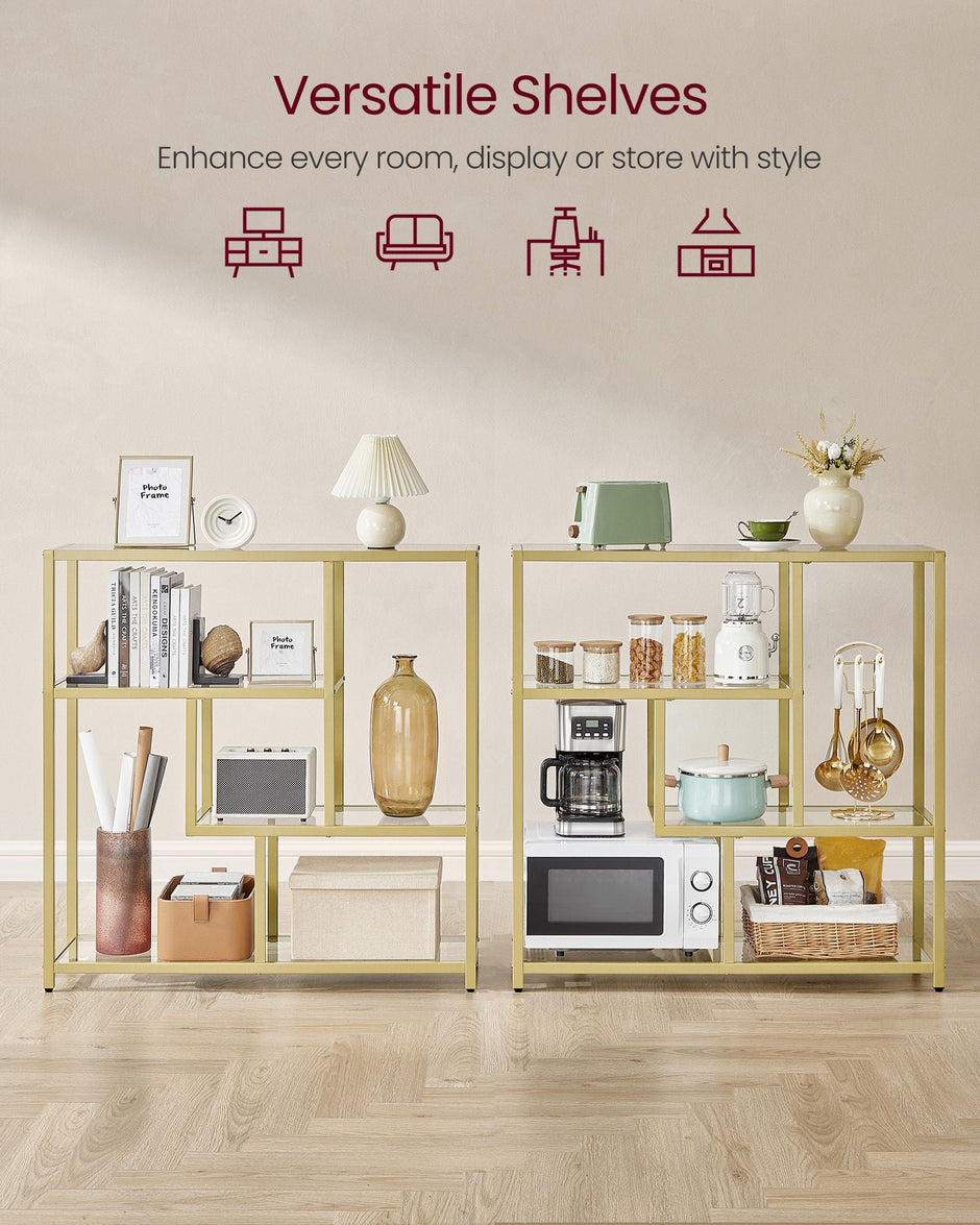 4-Tier Freestanding Bookcase – Metal and Wood – Transparent and Pale Gold – Versatile Storage Solution