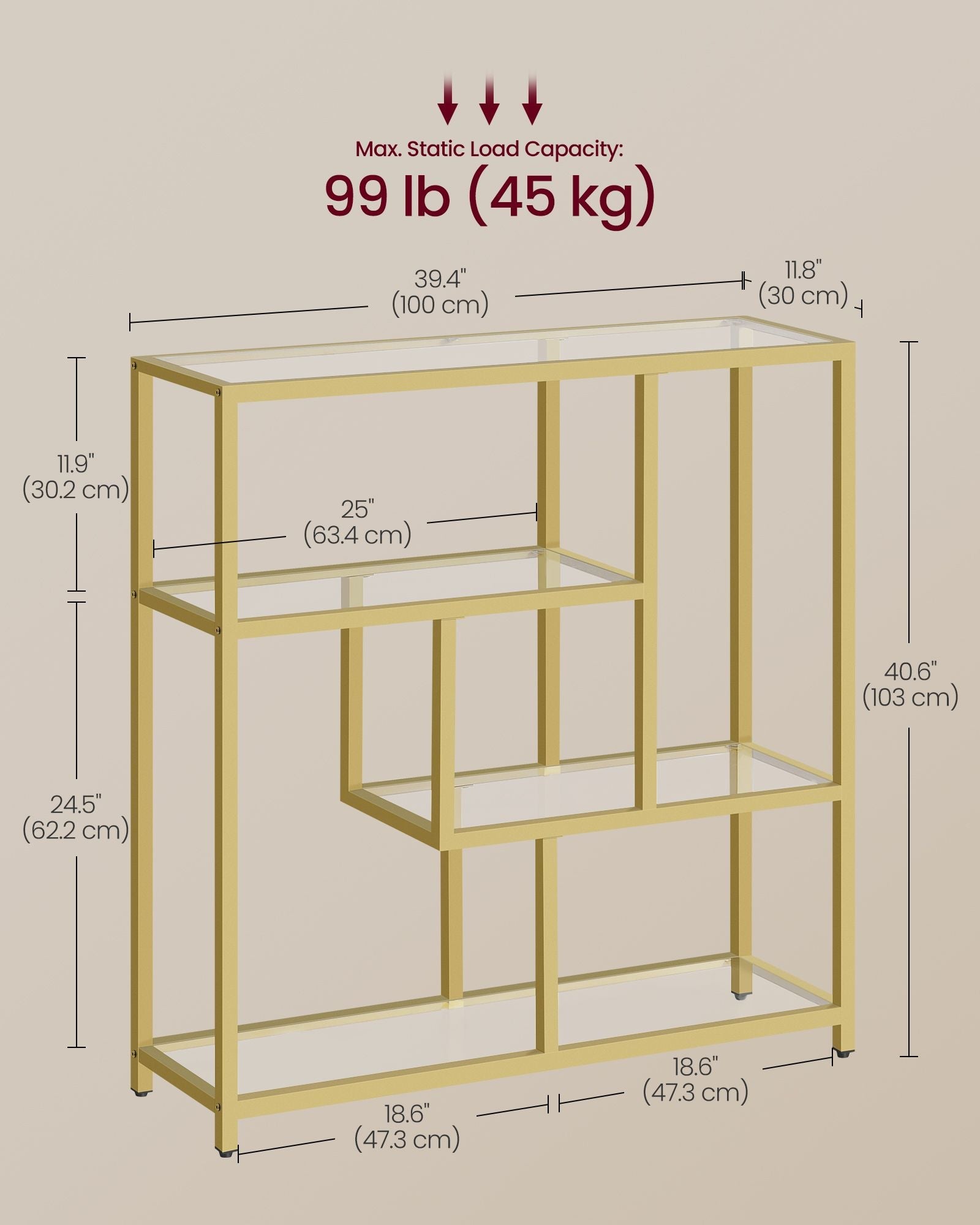 4-Tier Freestanding Bookcase – Metal and Wood – Transparent and Pale Gold – Versatile Storage Solution