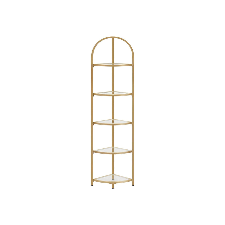 Corner Shelf Unit – Glass – Golden – 5-Tier Free Standing Storage Tower
