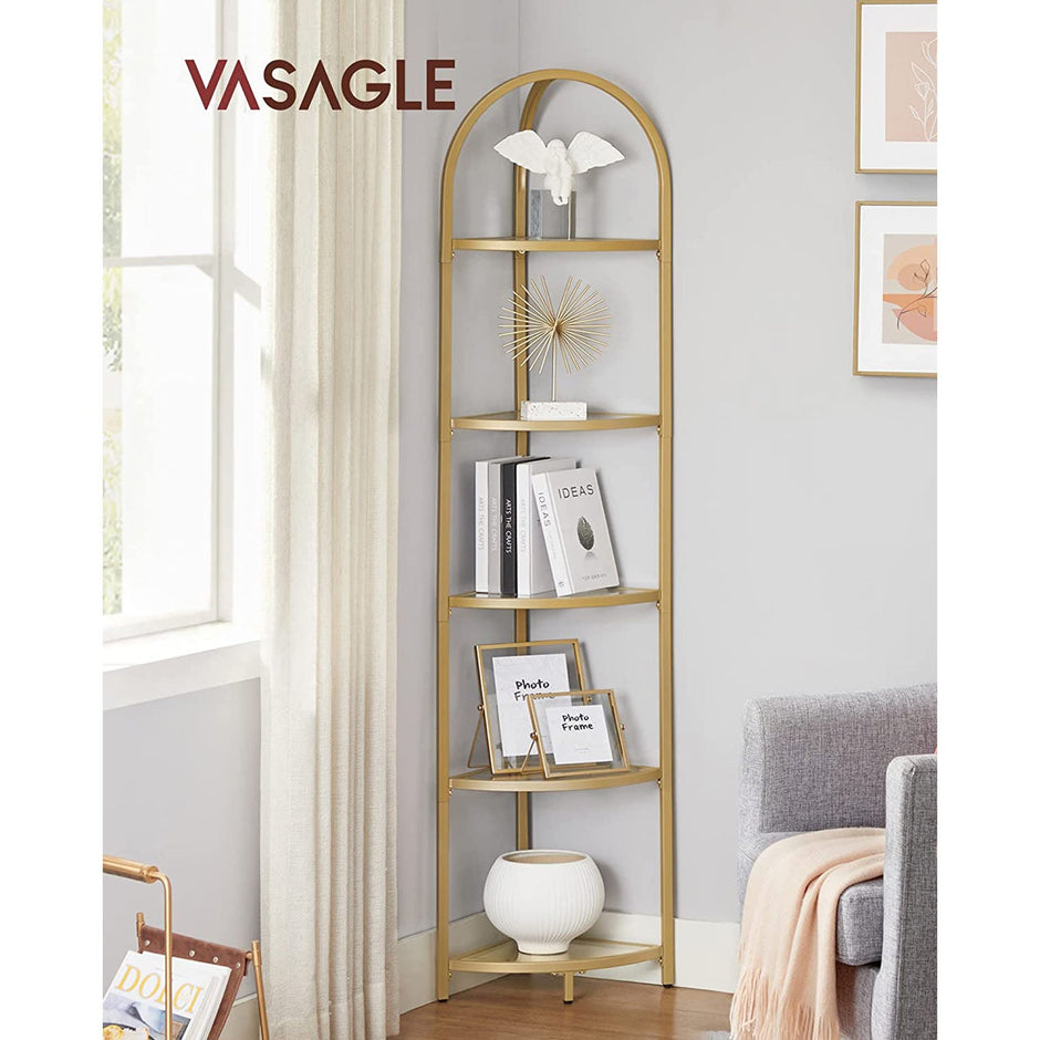 Corner Shelf Unit – Glass – Golden – 5-Tier Free Standing Storage Tower