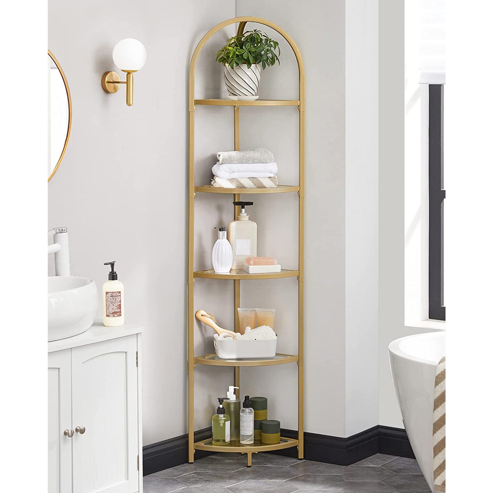 Corner Shelf Unit – Glass – Golden – 5-Tier Free Standing Storage Tower