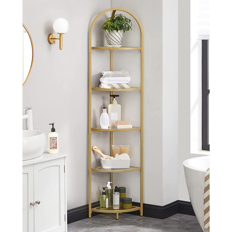 Corner Shelf Unit – Glass – Golden – 5-Tier Free Standing Storage Tower