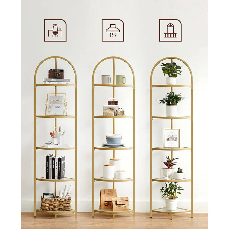 Corner Shelf Unit – Glass – Golden – 5-Tier Free Standing Storage Tower