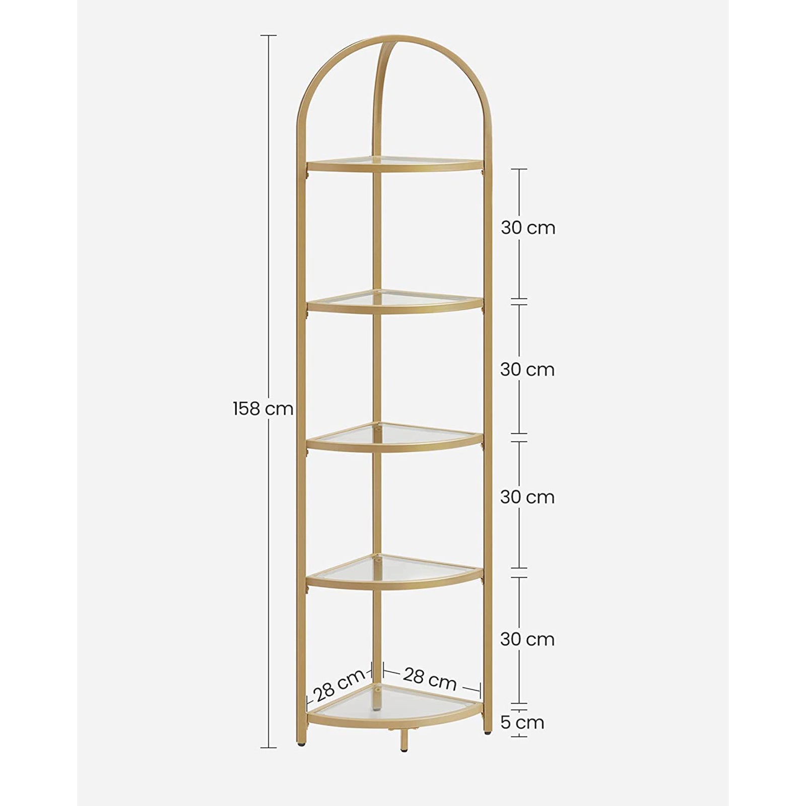Corner Shelf Unit – Glass – Golden – 5-Tier Free Standing Storage Tower