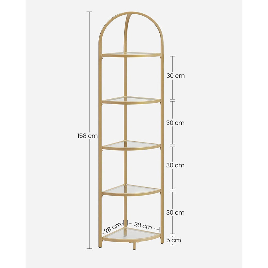 Corner Shelf Unit – Glass – Golden – 5-Tier Free Standing Storage Tower