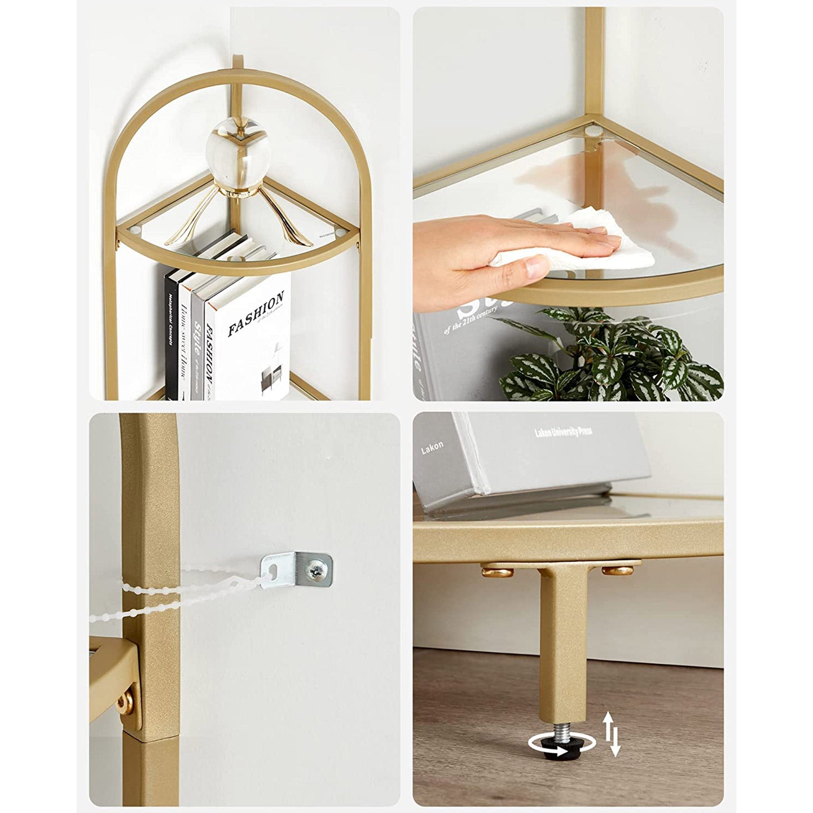 Corner Shelf Unit – Glass – Golden – 5-Tier Free Standing Storage Tower