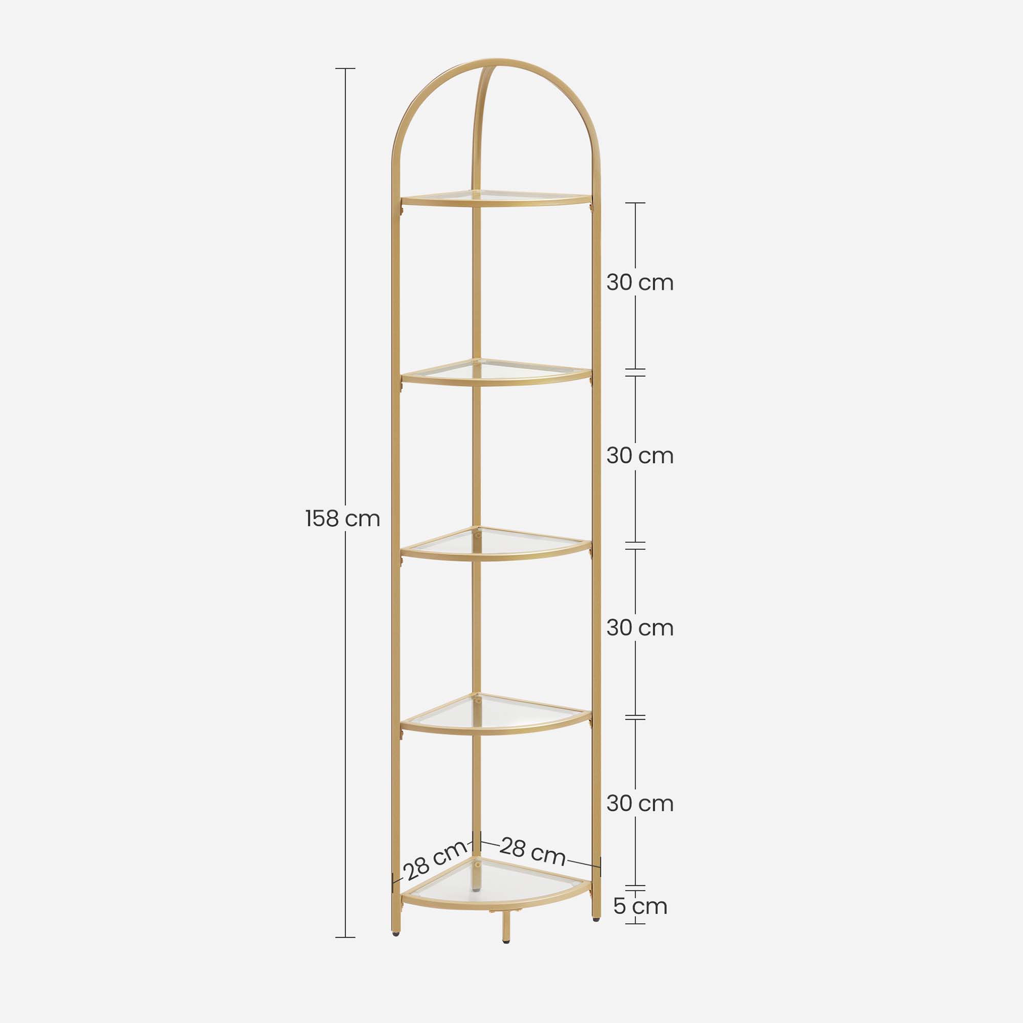 Corner Shelf Unit – Glass – Golden – 5-Tier Free Standing Storage Tower