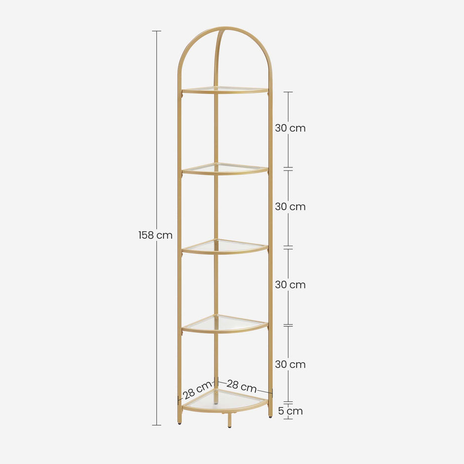 Corner Shelf Unit – Glass – Golden – 5-Tier Free Standing Storage Tower