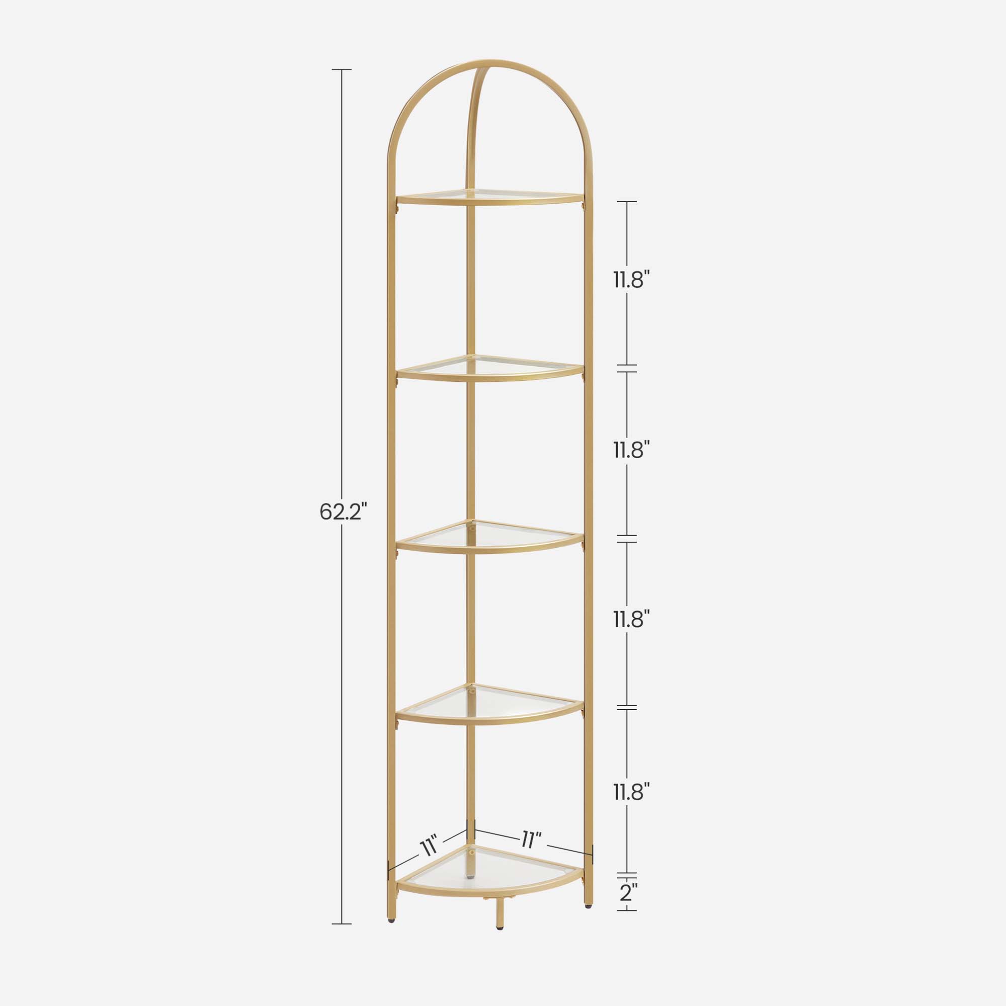 Corner Shelf Unit – Glass – Golden – 5-Tier Free Standing Storage Tower