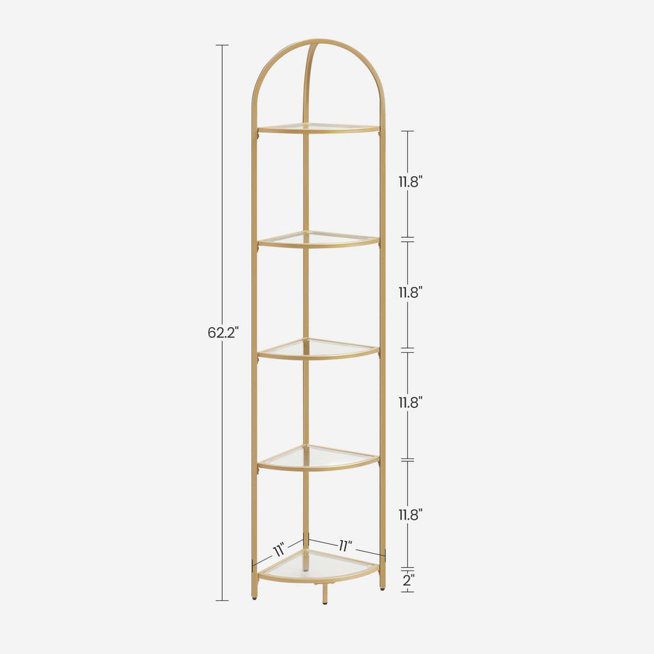 Corner Shelf Unit – Glass – Golden – 5-Tier Free Standing Storage Tower