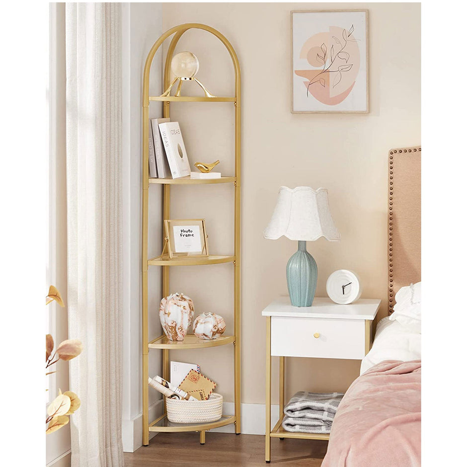 Corner Shelf Unit – Glass – Golden – 5-Tier Free Standing Storage Tower