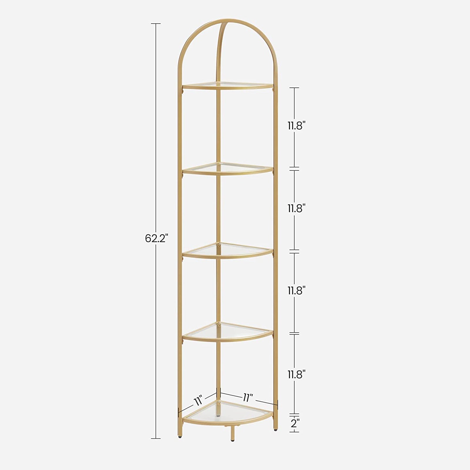 Corner Shelf Unit – Glass – Golden – 5-Tier Free Standing Storage Tower