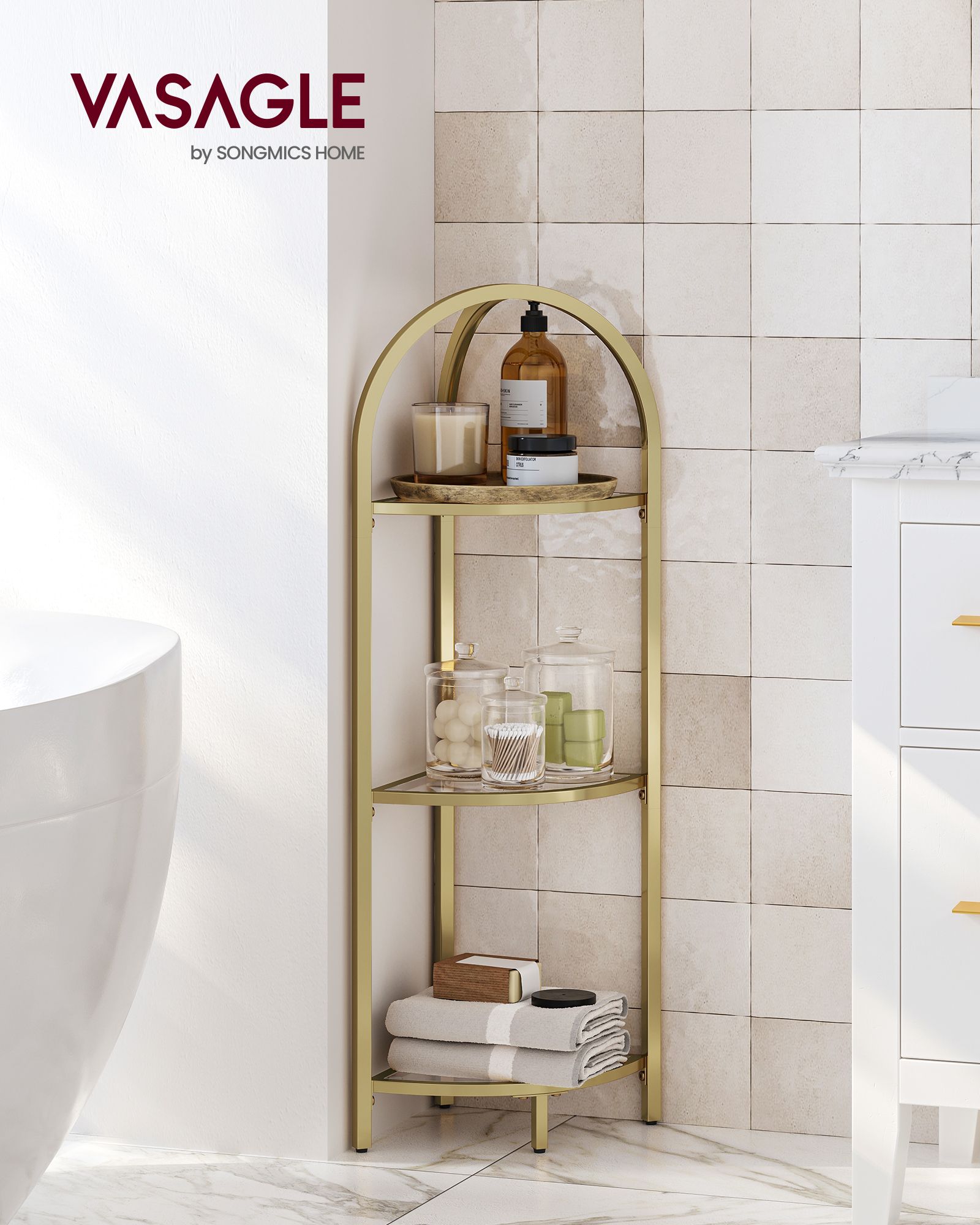 Corner Shelf Stand – Tempered Glass – Metallic Gold – 3-Tier Design with Versatile Storage