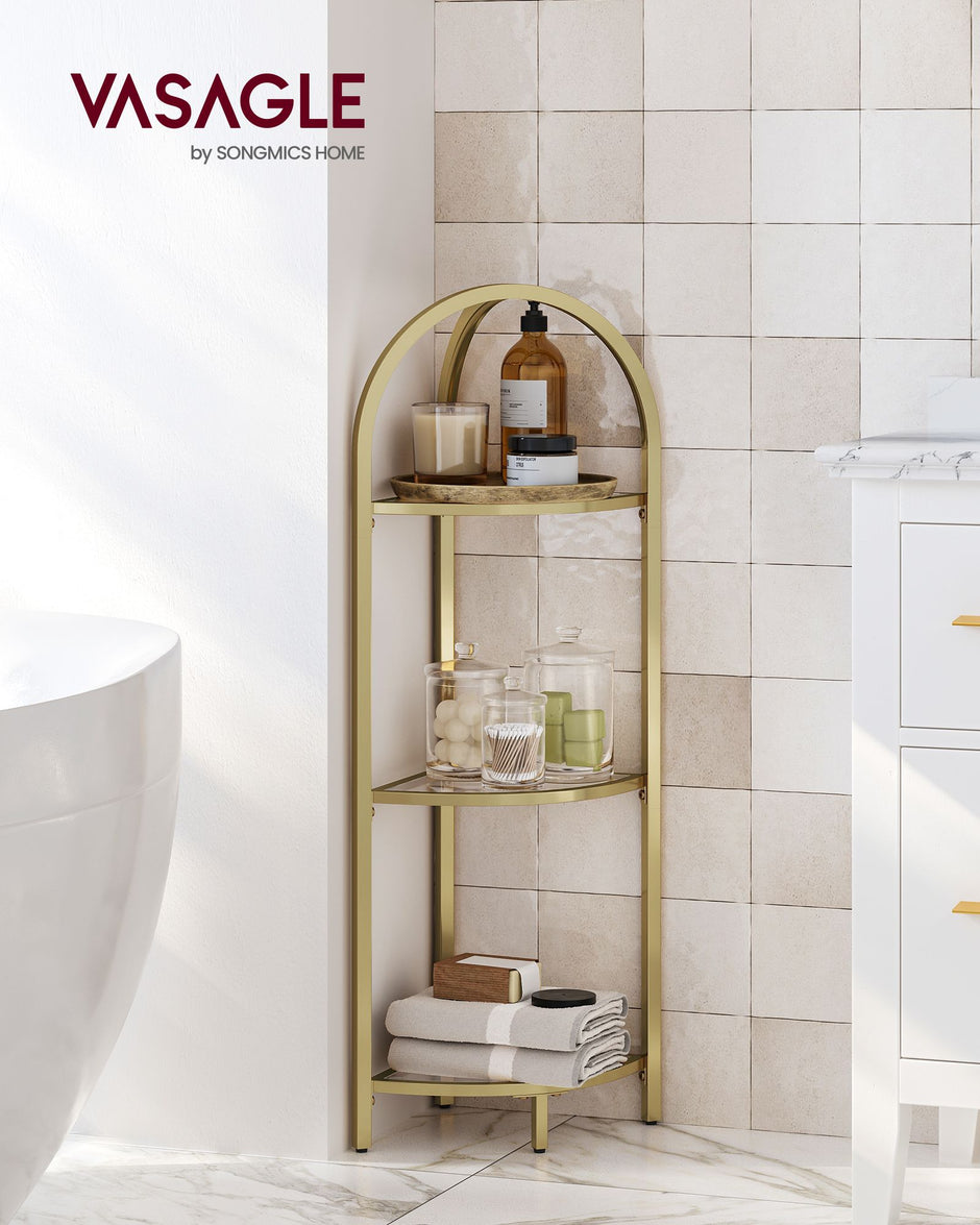 Corner Shelf Stand – Tempered Glass – Metallic Gold – 3-Tier Design with Versatile Storage