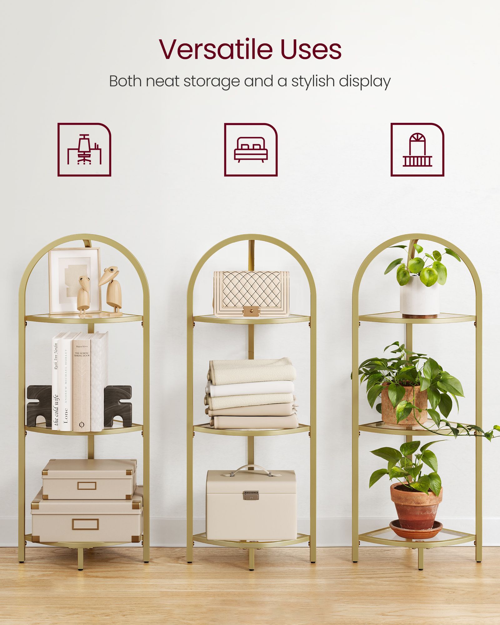 Corner Shelf Stand – Tempered Glass – Metallic Gold – 3-Tier Design with Versatile Storage