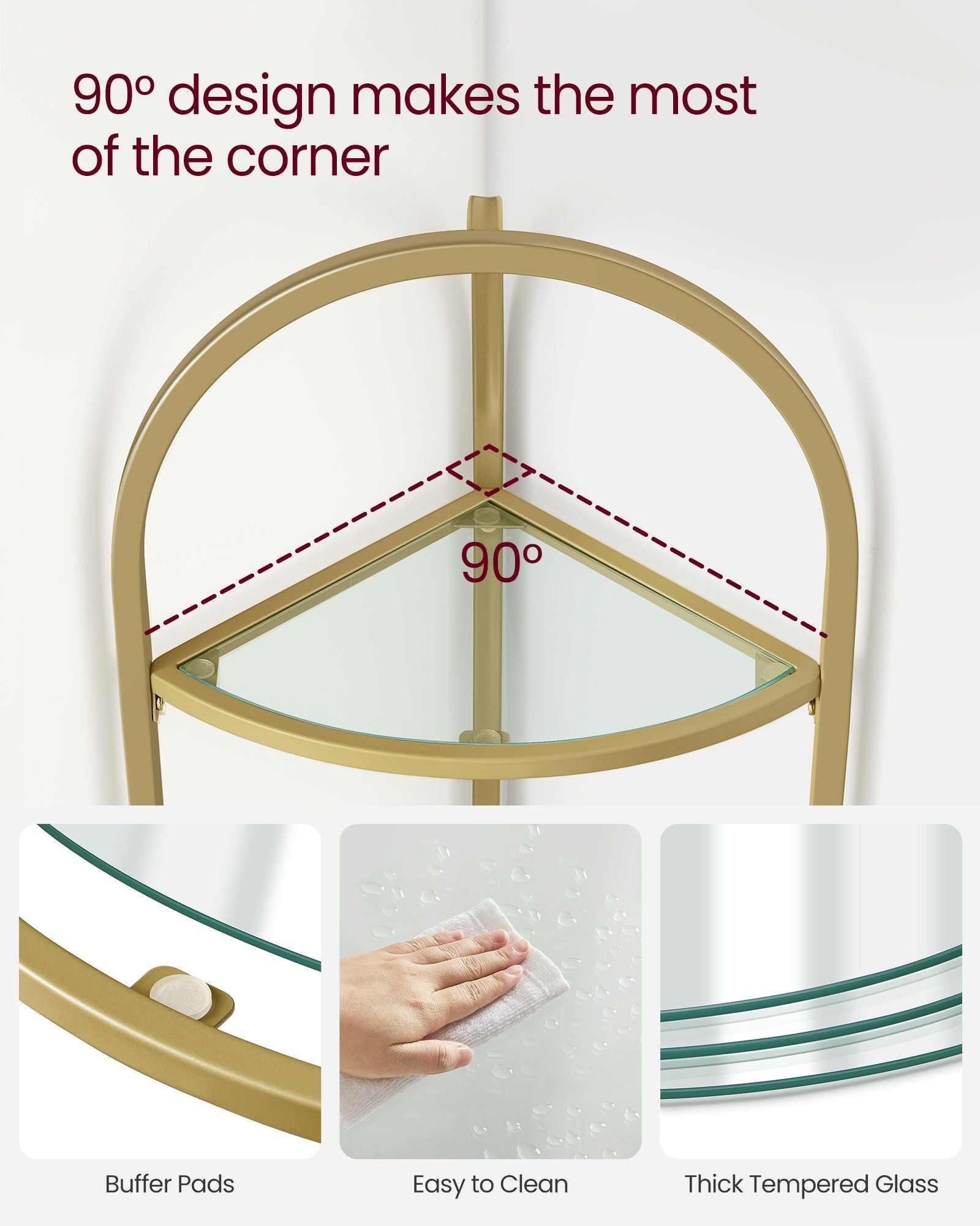 Corner Shelf Stand – Tempered Glass – Metallic Gold – 3-Tier Design with Versatile Storage