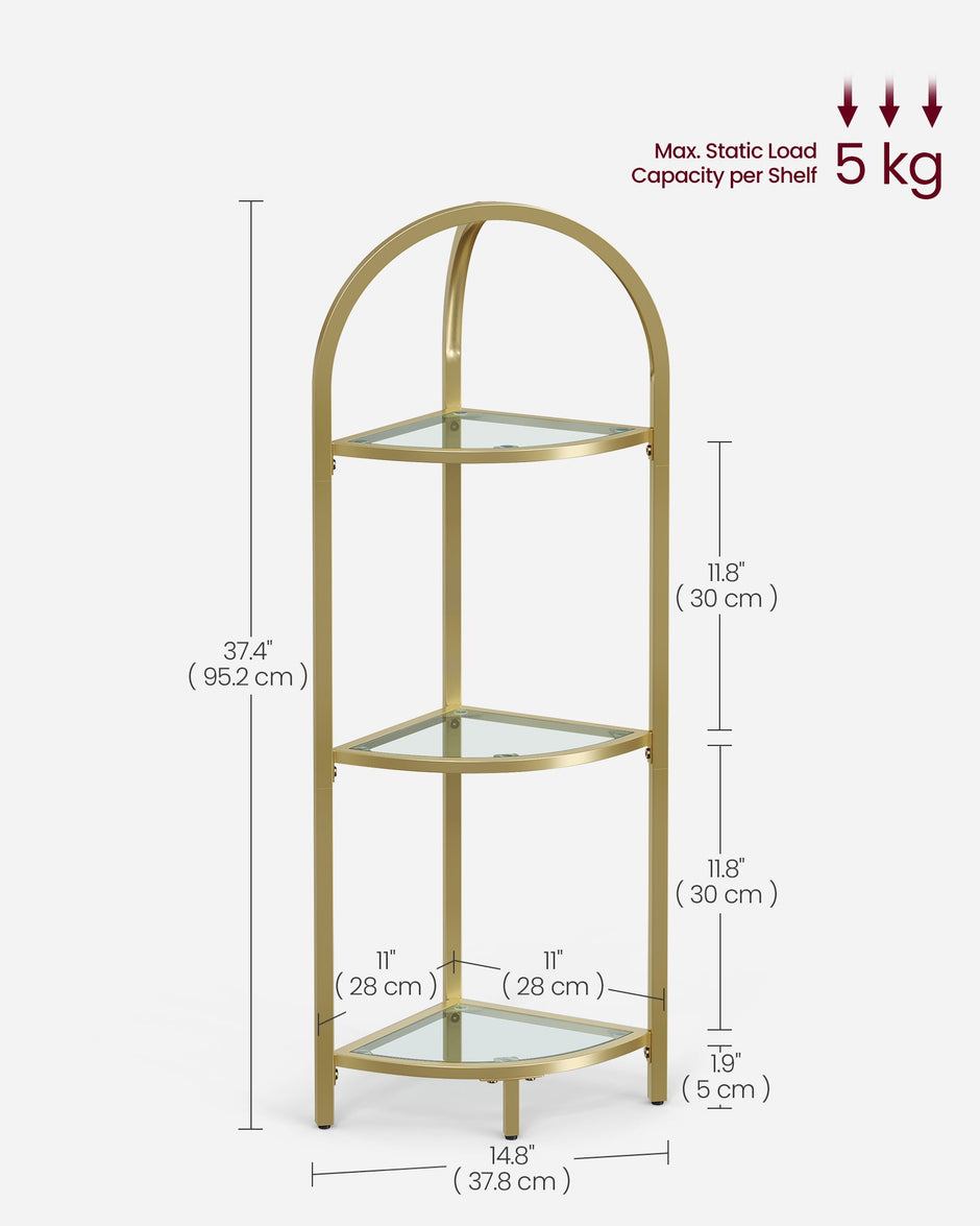 Corner Shelf Stand – Tempered Glass – Metallic Gold – 3-Tier Design with Versatile Storage