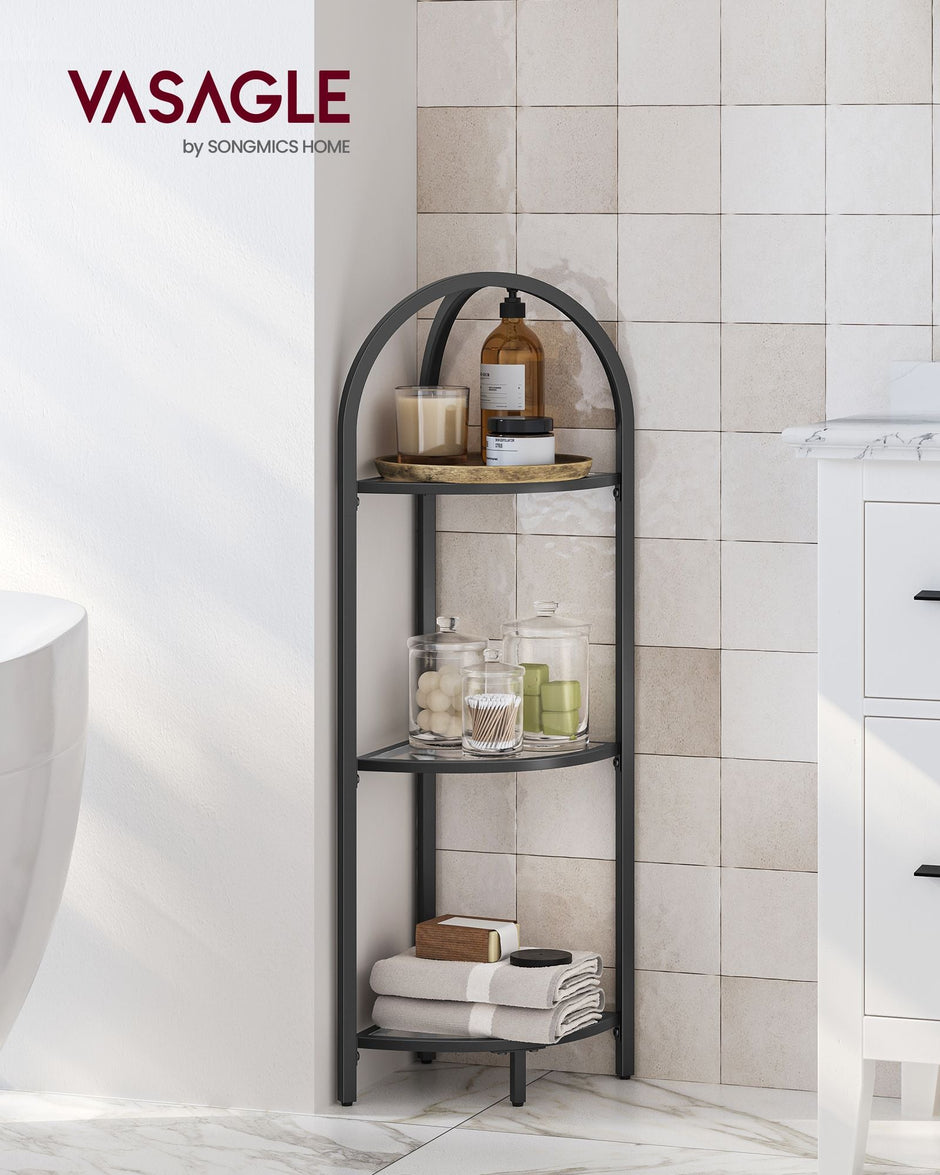 Corner Shelf Stand – Tempered Glass – Classic Black – 3-Tier Design with Metal Frame