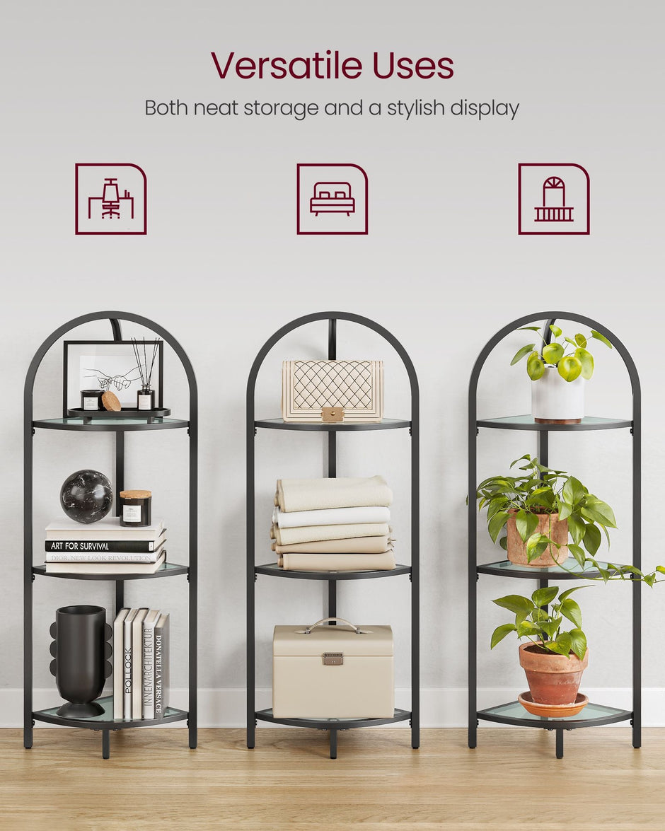 Corner Shelf Stand – Tempered Glass – Classic Black – 3-Tier Design with Metal Frame