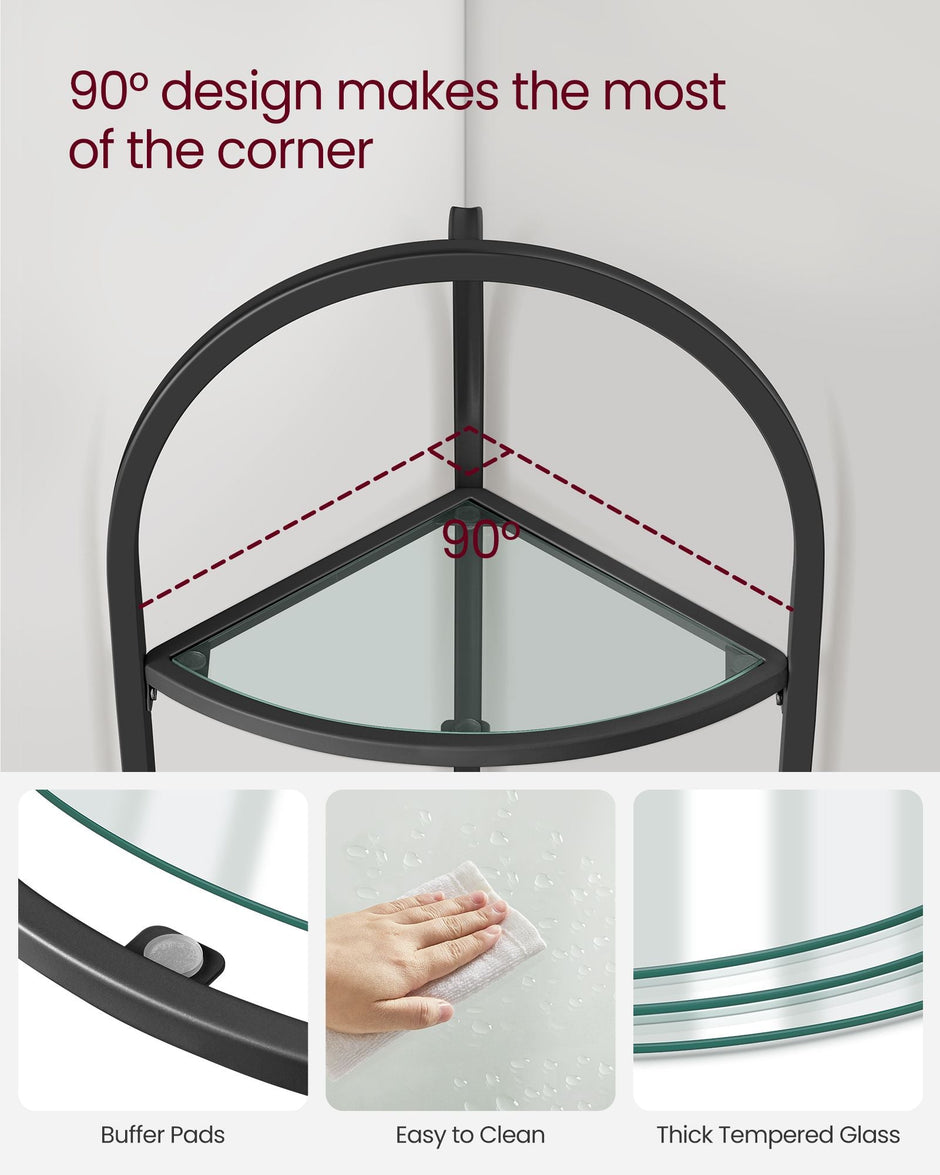 Corner Shelf Stand – Tempered Glass – Classic Black – 3-Tier Design with Metal Frame