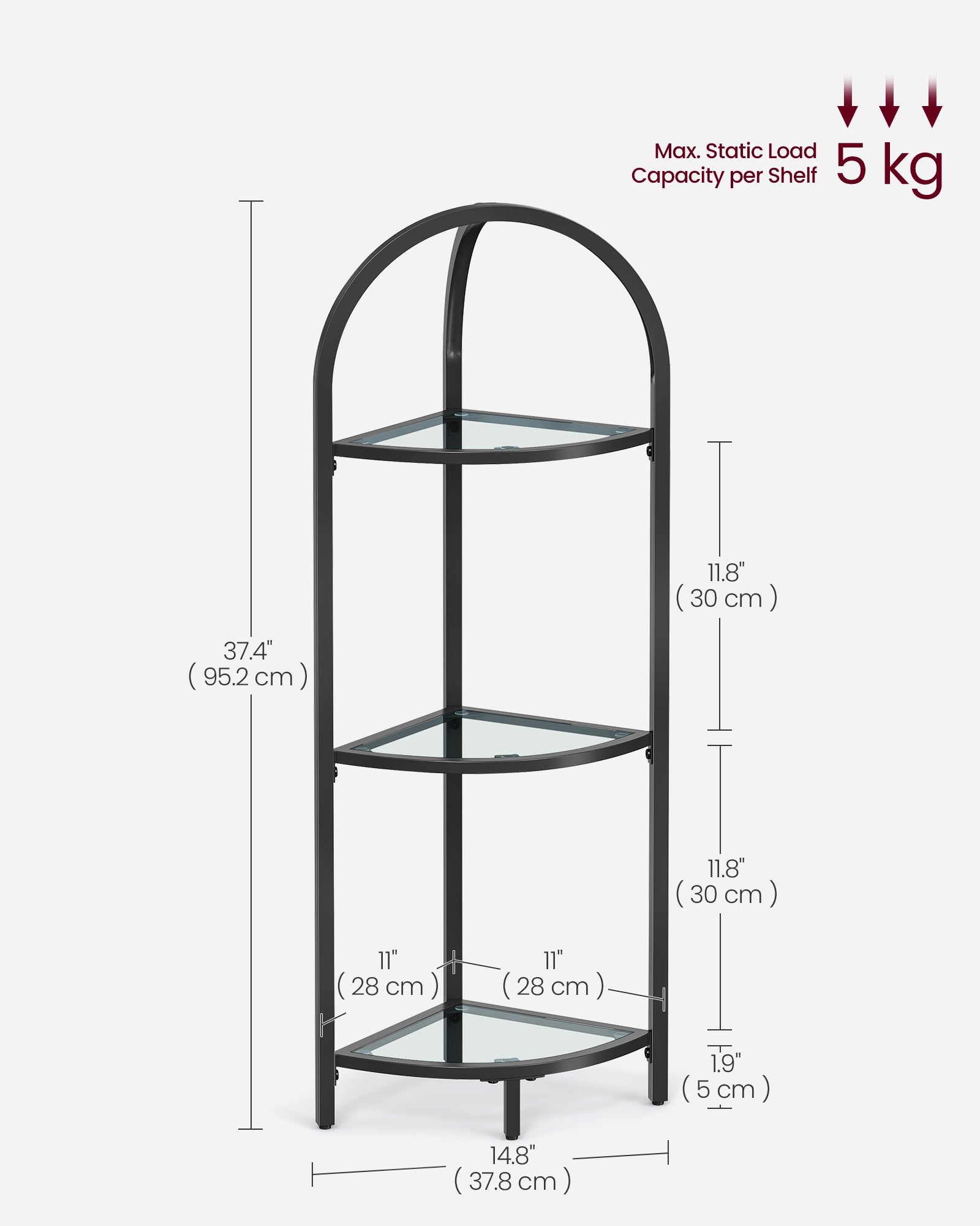 Corner Shelf Stand – Tempered Glass – Classic Black – 3-Tier Design with Metal Frame
