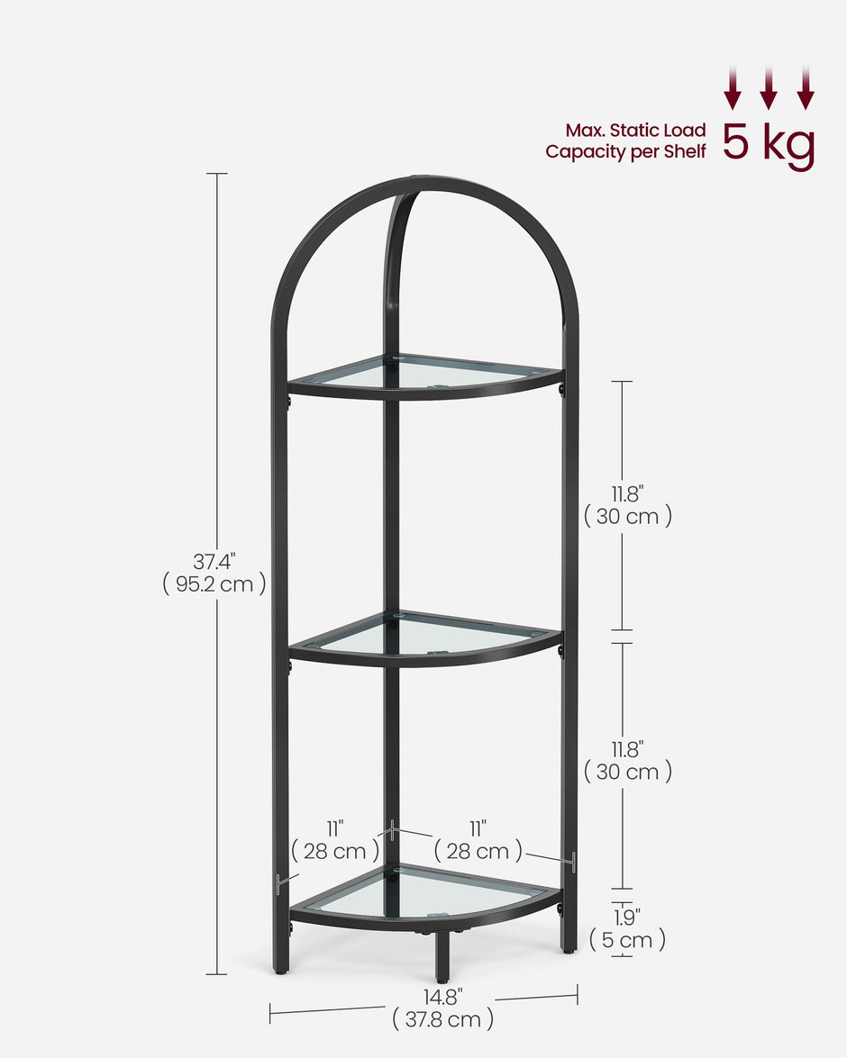 Corner Shelf Stand – Tempered Glass – Classic Black – 3-Tier Design with Metal Frame