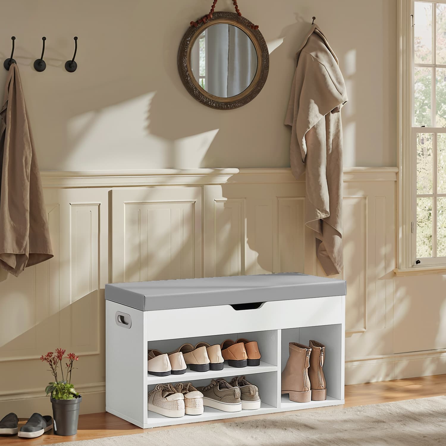Storage Bench – Wood – White – Padded Seat with Hidden Chest and 2 Shelves, Supports 150 kg