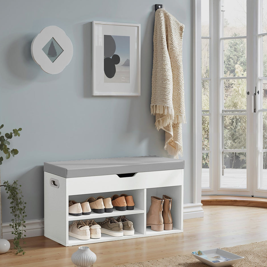 Storage Bench – Wood – White – Padded Seat with Hidden Chest and 2 Shelves, Supports 150 kg