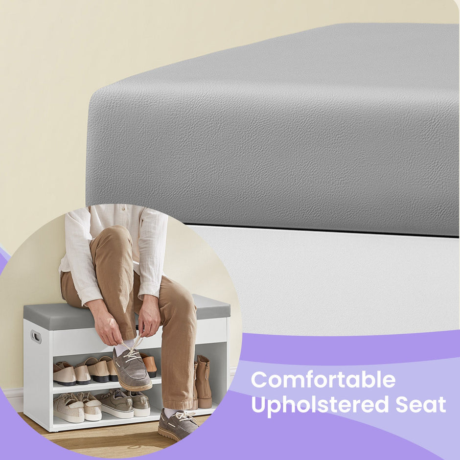 Storage Bench – Wood – White – Padded Seat with Hidden Chest and 2 Shelves, Supports 150 kg