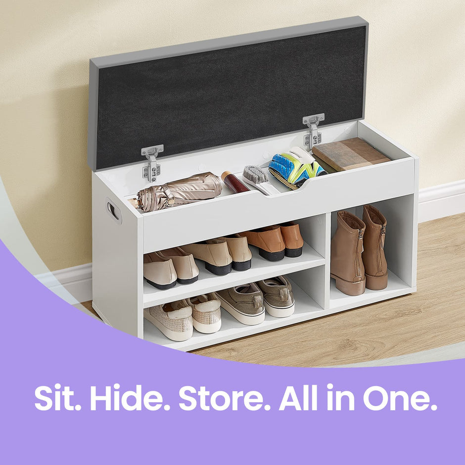 Storage Bench – Wood – White – Padded Seat with Hidden Chest and 2 Shelves, Supports 150 kg