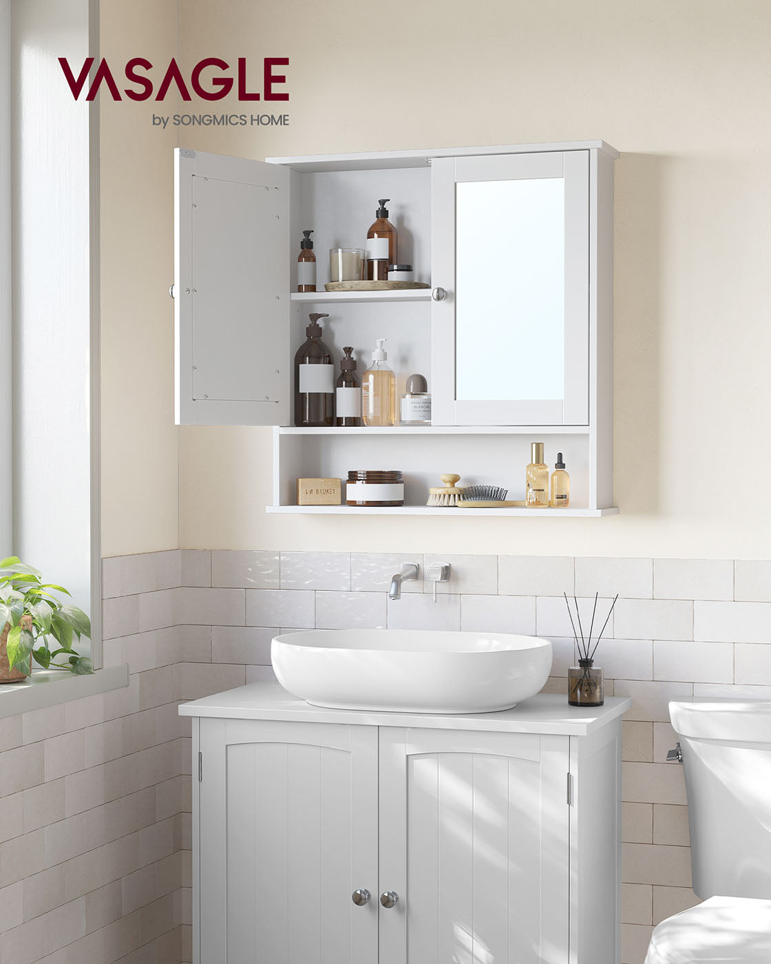 Wall-Mounted Storage Cabinet – Wood – White – Double Mirrored Doors with Adjustable Height Rack