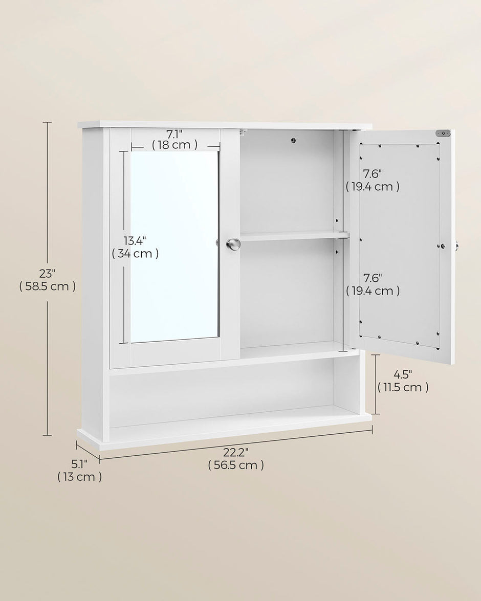 Wall-Mounted Storage Cabinet – Wood – White – Double Mirrored Doors with Adjustable Height Rack
