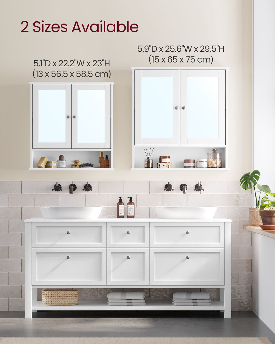Wall-Mounted Storage Cabinet – Wood – White – Double Mirrored Doors with Adjustable Height Rack