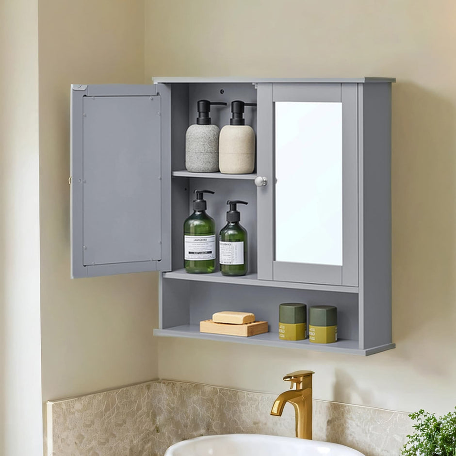 Bathroom Cabinet – Engineered Wood – Dove Gray – Wall-Mounted with 2 Mirrored Doors and Adjustable Shelf