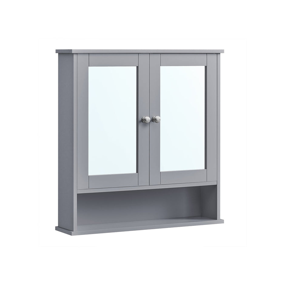 Wall-Mounted Storage Cabinet – Wood – White – Double Mirrored Doors with Adjustable Height Rack