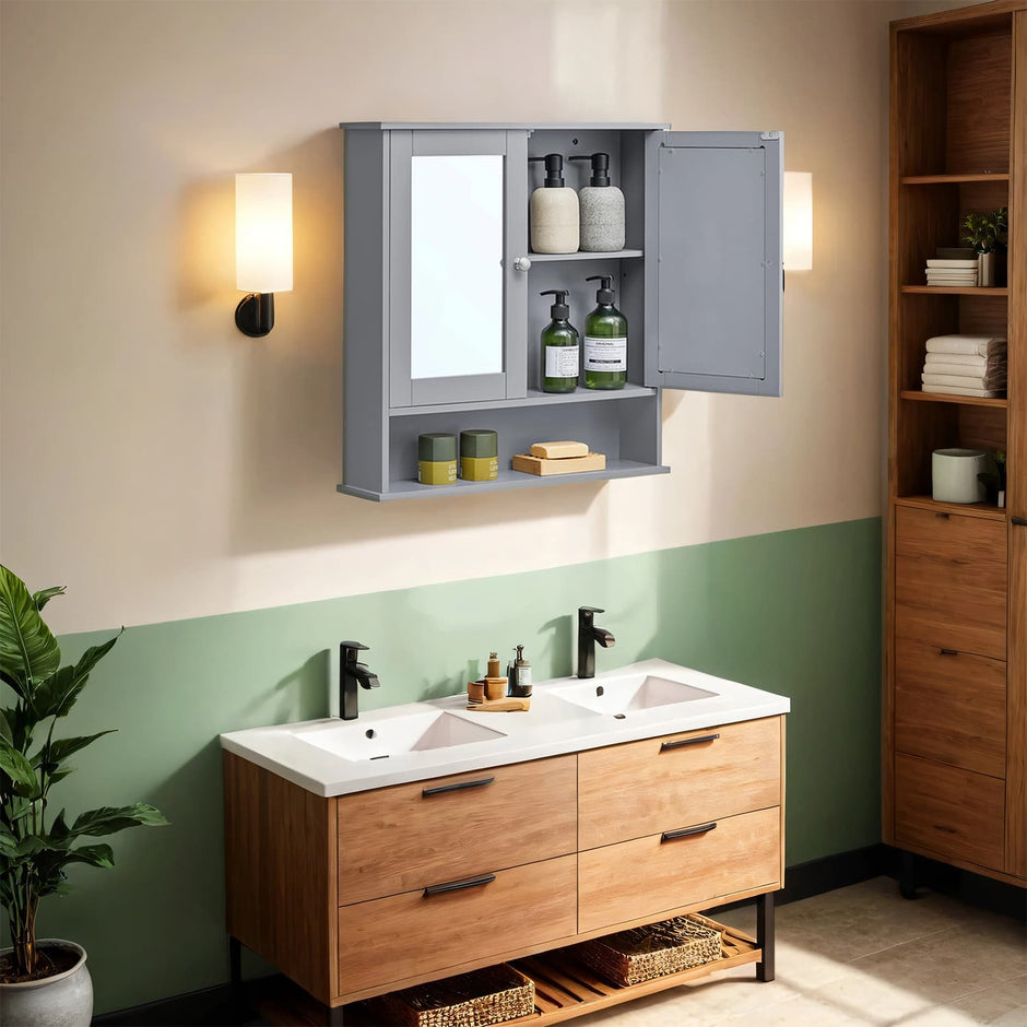 Bathroom Cabinet – Engineered Wood – Dove Gray – Wall-Mounted with 2 Mirrored Doors and Adjustable Shelf