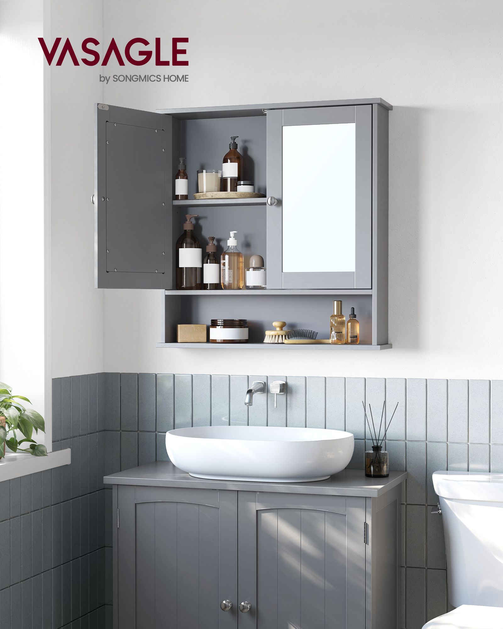 Bathroom Wall Cabinet – Wooden – White – Double Mirrored Doors with Adjustable Height Rack