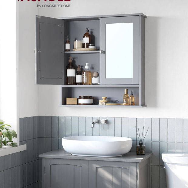 Bathroom Wall Cabinet – Wooden – White – Double Mirrored Doors with Adjustable Height Rack