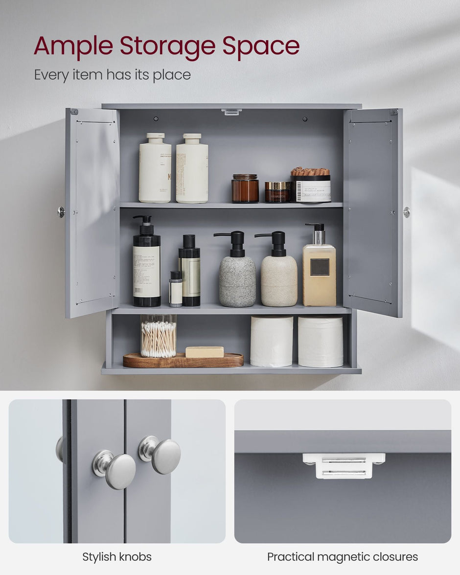 Bathroom Wall Cabinet – Wooden – White – Double Mirrored Doors with Adjustable Height Rack
