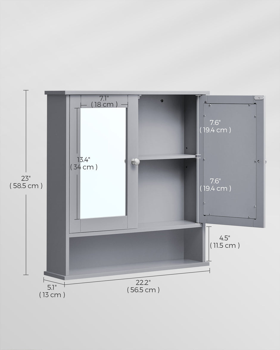 Bathroom Wall Cabinet – Wooden – White – Double Mirrored Doors with Adjustable Height Rack