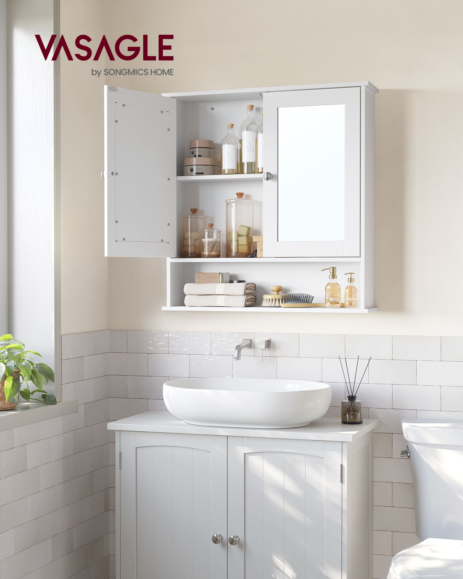 Wall-Mounted Bathroom Cabinet – Wooden – White – Adjustable Height with Double Mirrored Doors