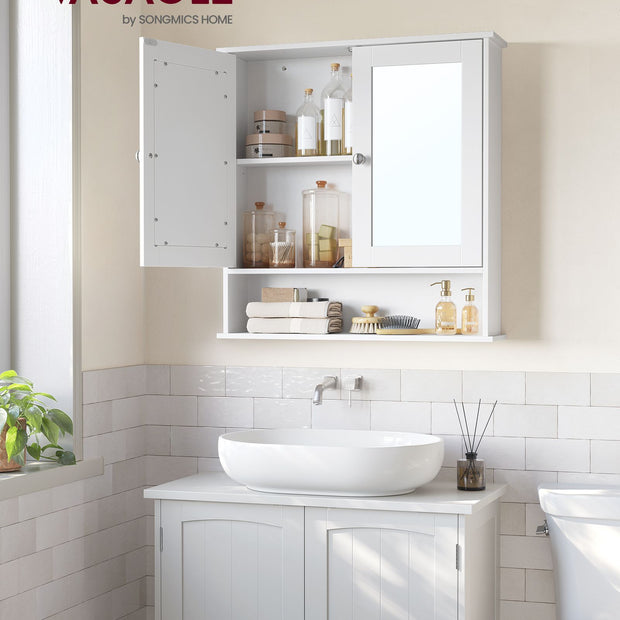 Wall-Mounted Bathroom Cabinet – Wooden – White – Adjustable Height with Double Mirrored Doors