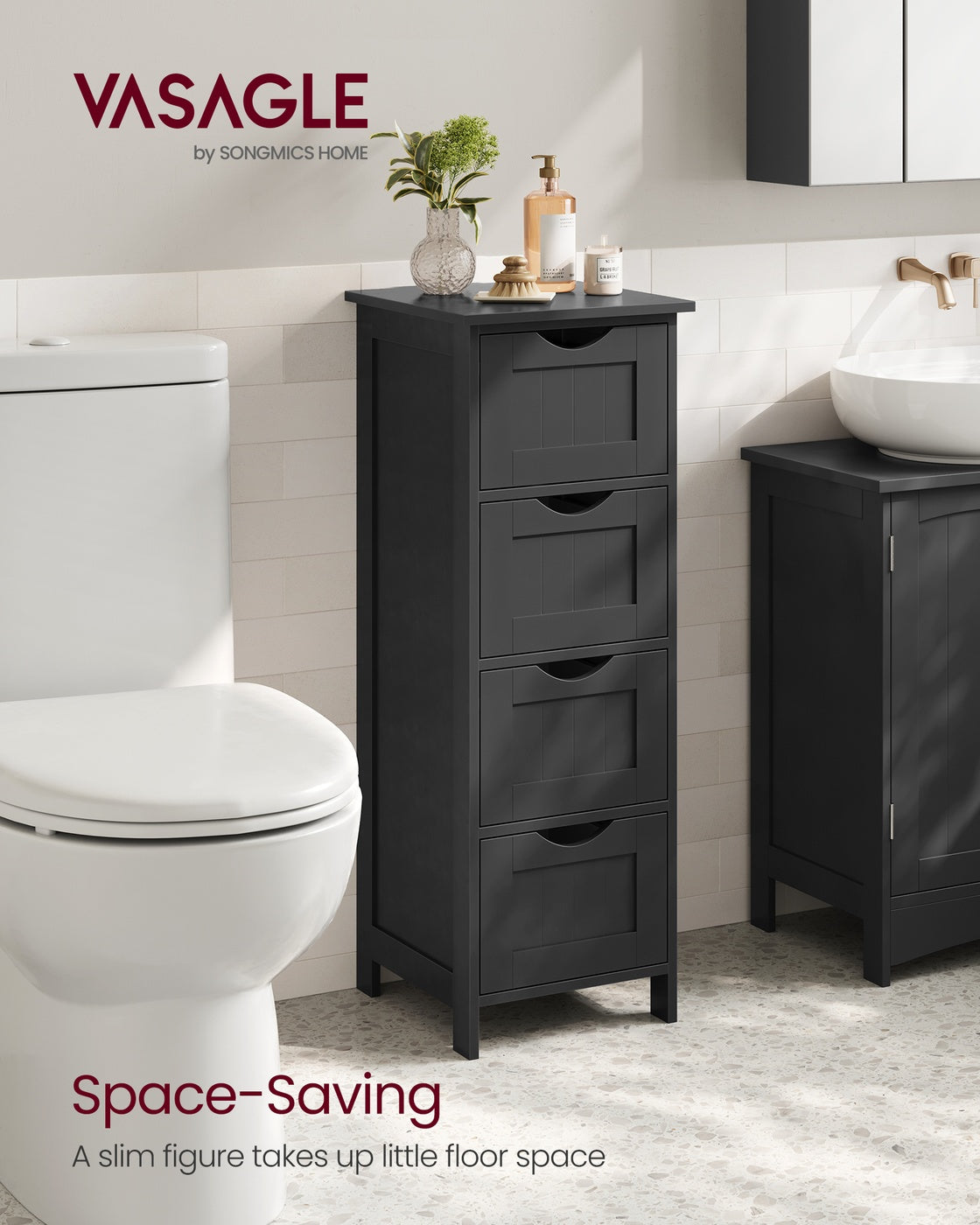 Bathroom Floor Storage Cabinet – Engineered Wood – Grey – Freestanding with 4 Drawers
