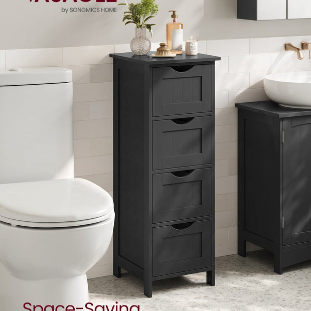 Bathroom Floor Storage Cabinet – Engineered Wood – Grey – Freestanding with 4 Drawers