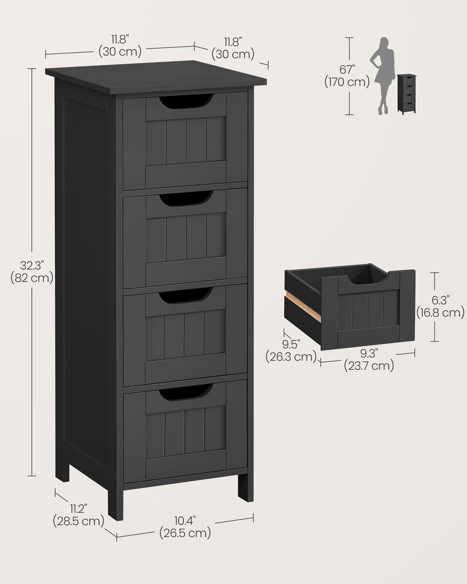 Bathroom Floor Storage Cabinet – Engineered Wood – Grey – Freestanding with 4 Drawers